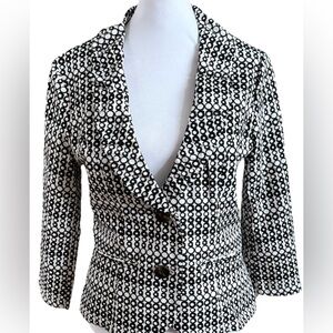 CABI Du Jour Black + White Circle Print Cotton Summer Cropped Blazer Jacket Sz 2
